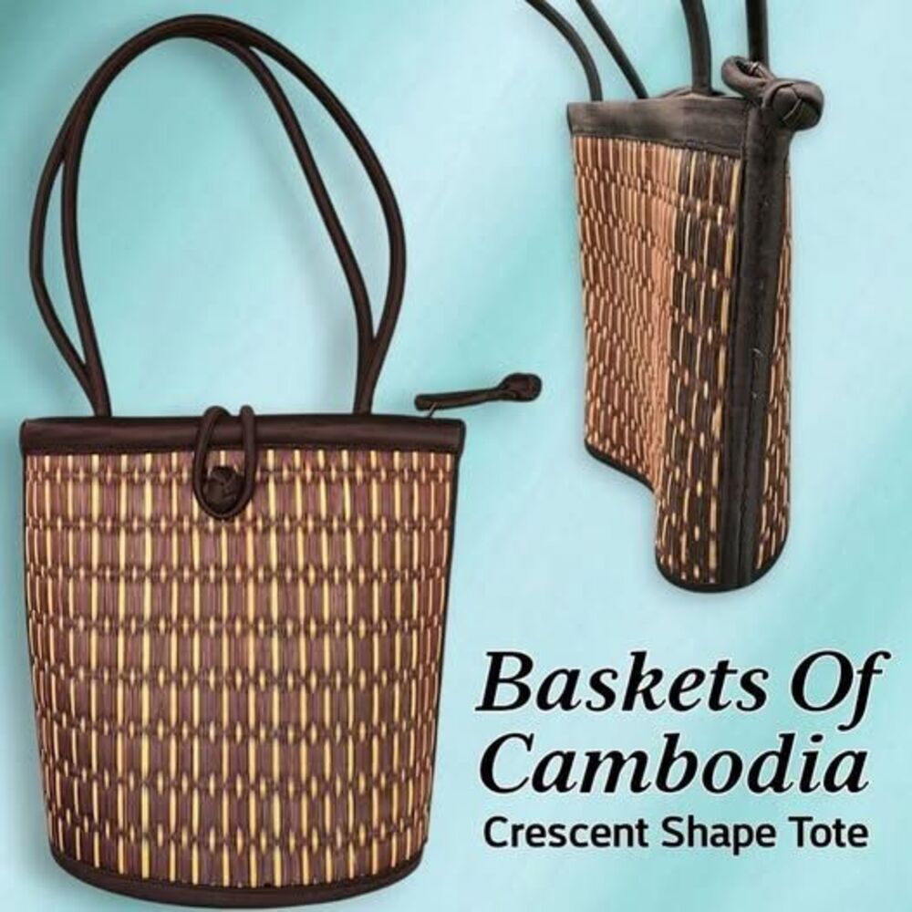 Baskets Of Cambodia Crescent Shaped Zip Top Natural Woven Grass Purse Tote Bag